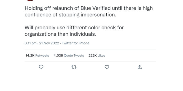 Elon Musk Pauses Twitter’s Blue Checkmark